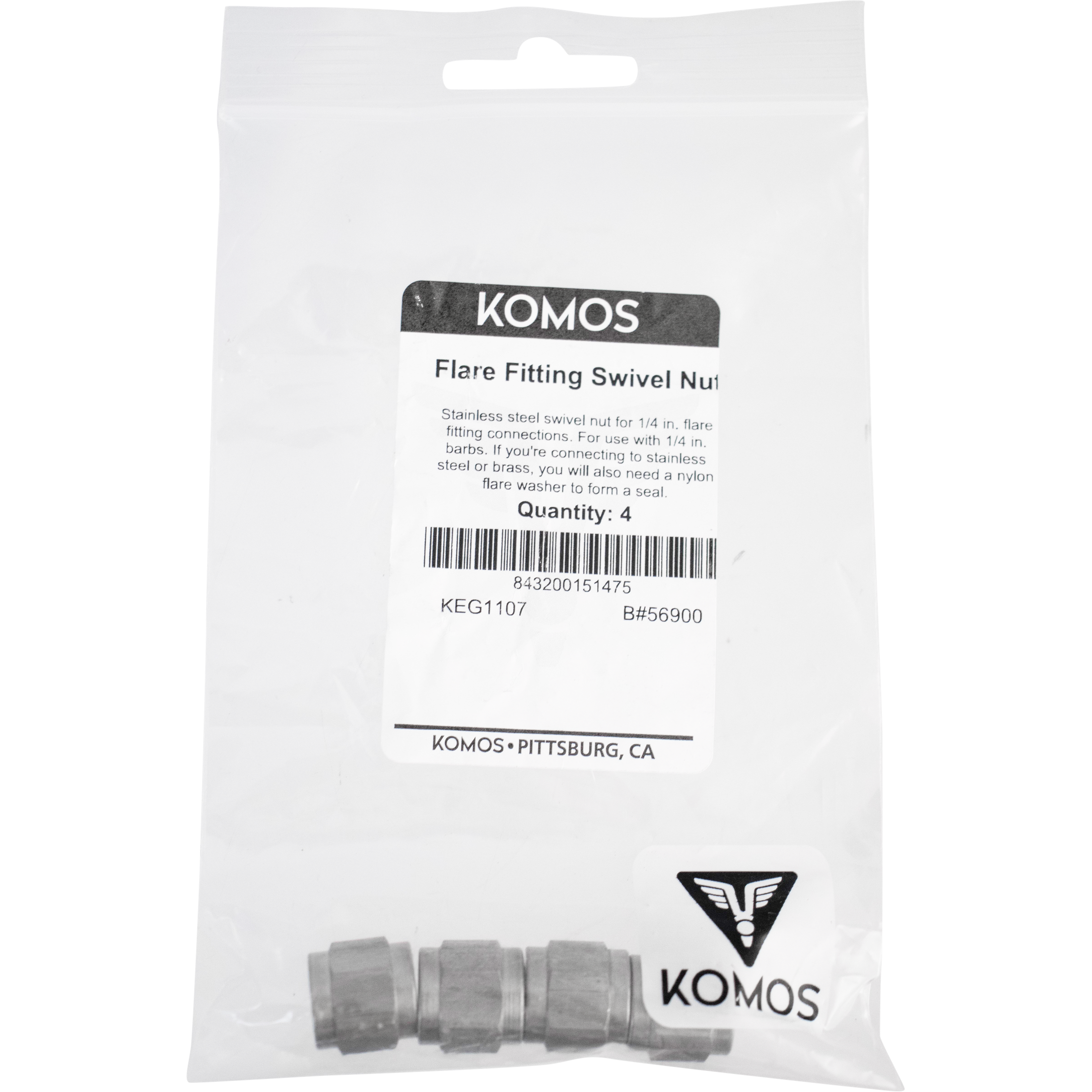 Komos - Flare Fitting - Stainless 1/4 in. Swivel Nut for 1/4 in. Barb - Pack of 4