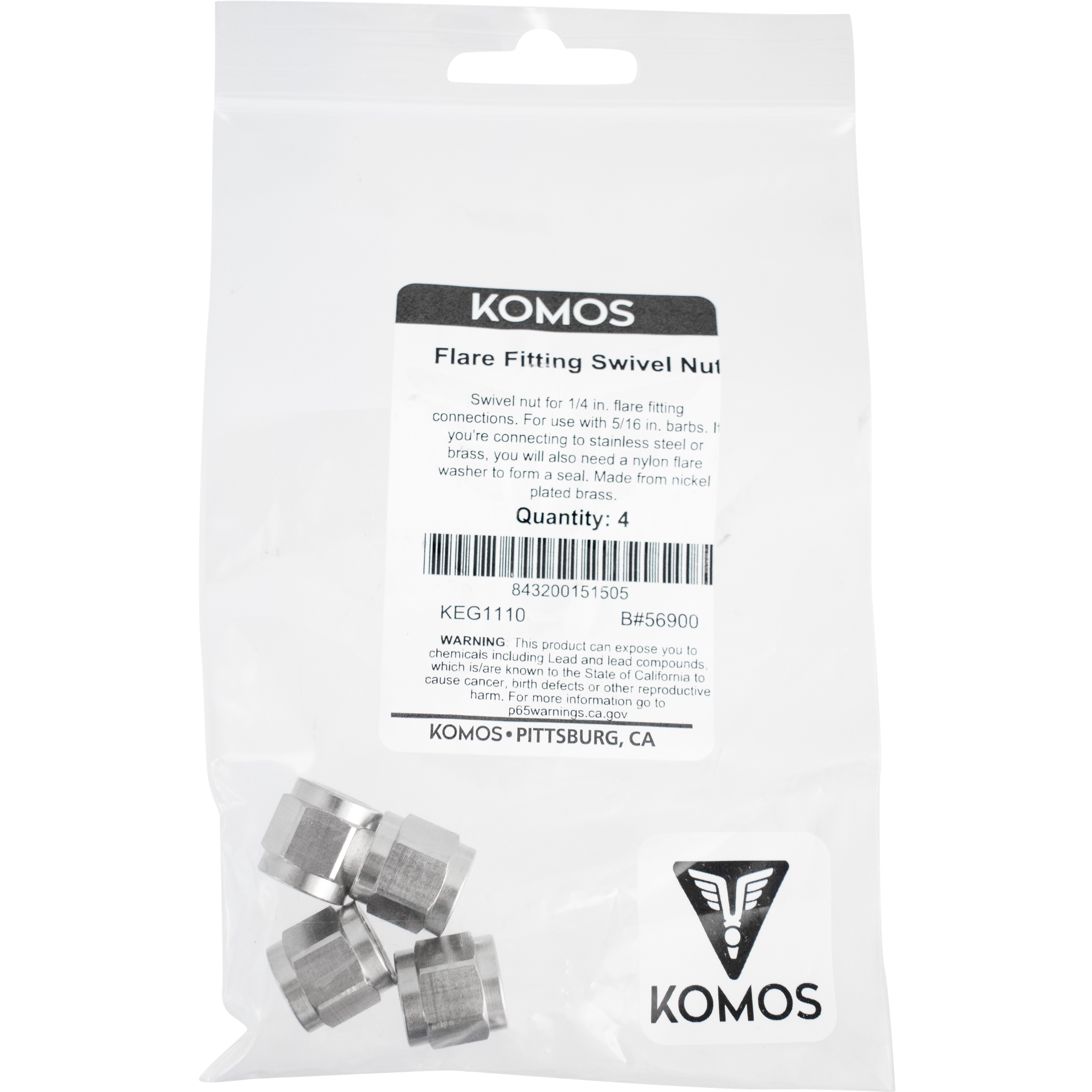 Komos - Flare Fitting - 1/4 in. Swivel Nut for 5/16 in. Barb  - Pack of 4