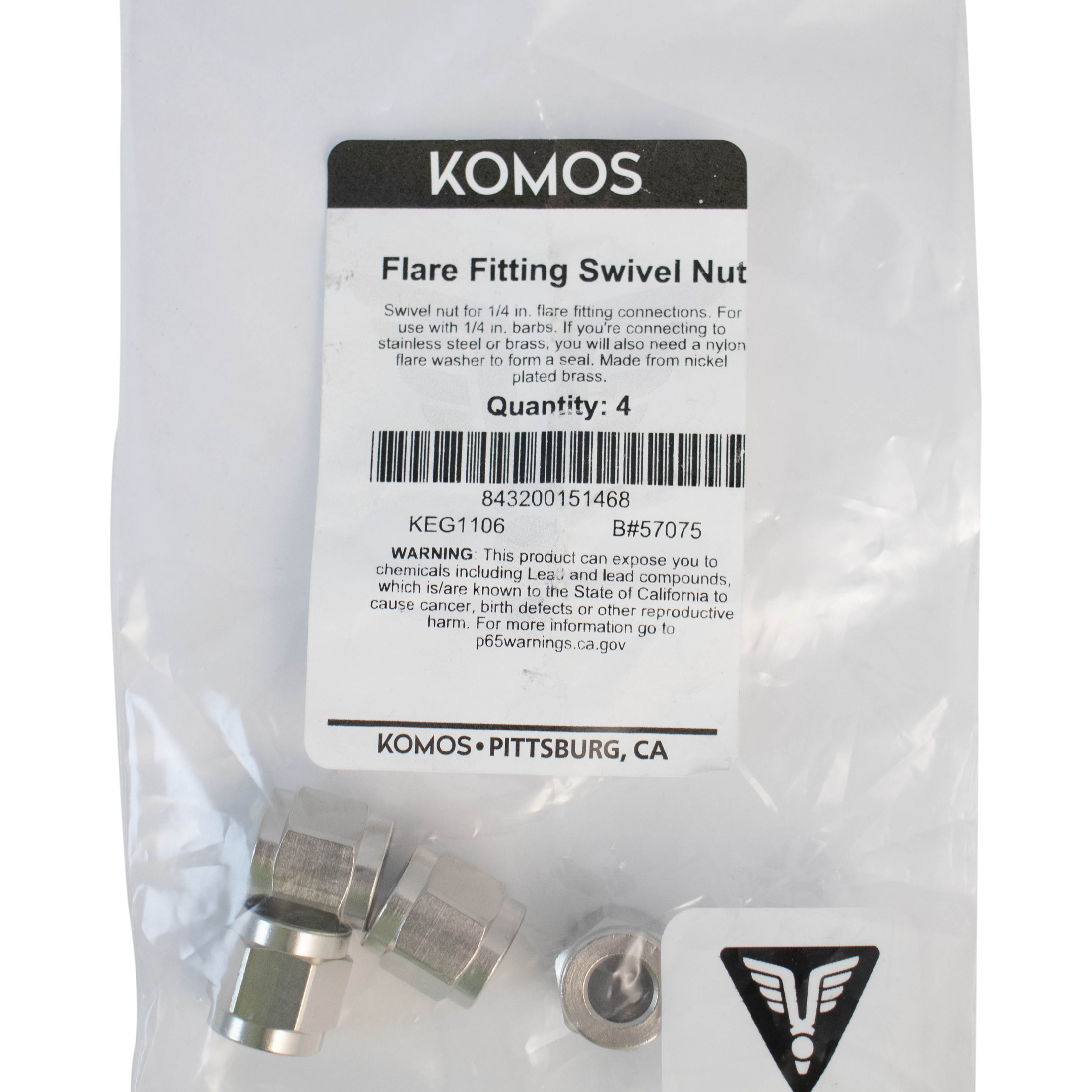 Komos - Flare Fitting - 1/4 in. Swivel Nut for 1/4 in. Barb - Pack of 4