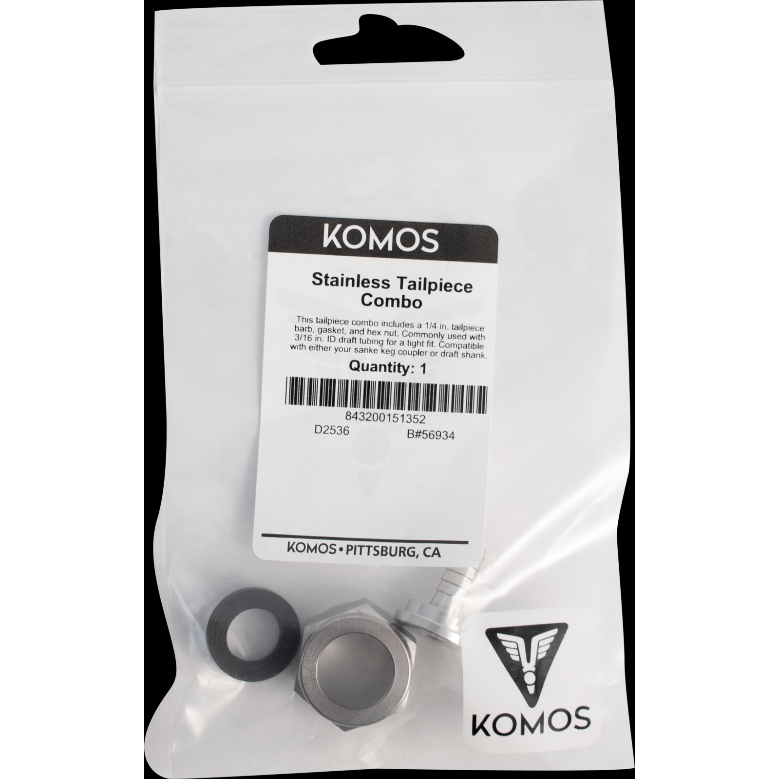 Komos - Stainless 1/4 in. Tailpiece, Hex Nut and Gasket