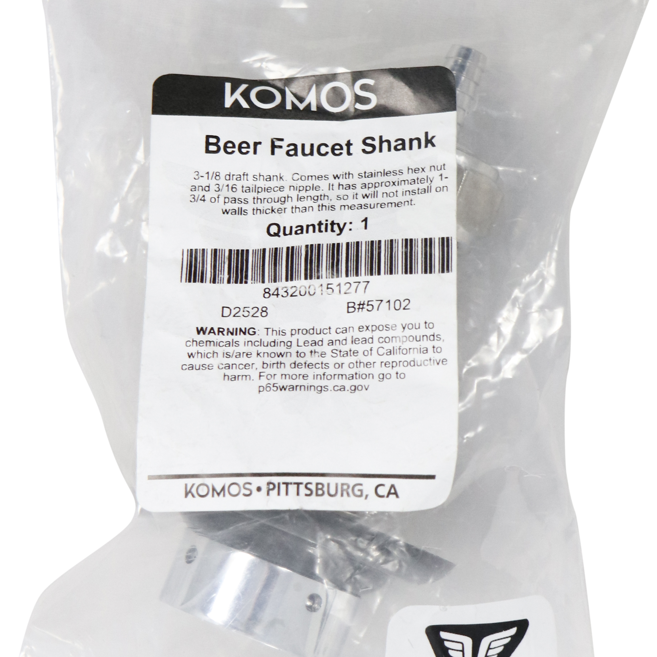Komos - Beer Faucet Shank - 3-1/8 in. Stainless with Nut & Nipple